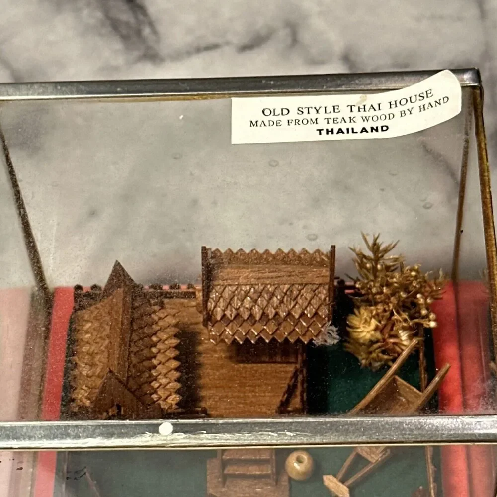 VINTAGE Handmade Teak Wood Thailand House Glass Metal Shadowbox Diorama Souvenir